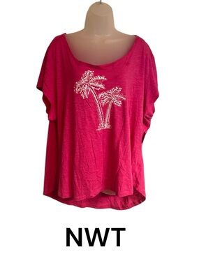 NWT Hot Pink Palm Tree Cap Sleeve Top   PLUS: 3X     #12